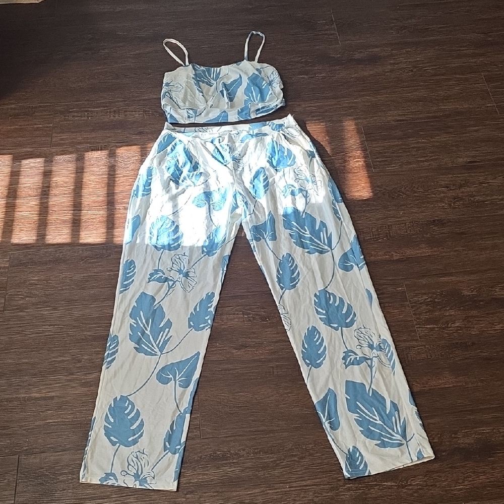 Blue Leaf Print Jumpsuit